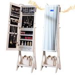 KEDLAN Upgraded Jewelry Armoire Organizer with Bluetooth Speaker, Stand Jewelry Cabinet with Lighted Full Length Mirror,Standing Jewelry Armoire with magnetic lock,Jewelry Storage Mirror White