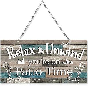 10 x 5 Inch Patio Wall Decor Hanging Wall Art Metal Plaque Signs Vintage Balcony Decor Retro Patio Accessories Relax Unwind You're on Patio Time with Chain for Home Pub(White Words with Vivid Base)