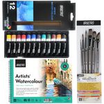 BRUSTRO Artists Watercolour Tubes Set(12 Colours X 12ML)with VelveTouch Brushes(Set of 6) with Wiro Bound Pad,25% Cotton, 300 GSM, A5,(12)Sheets|Perfect for Gouache, Acrylics, Watercolor, Oil Painting