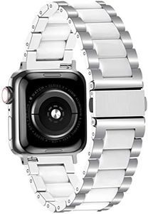Juntan Silver Stainless Steel White Ceramic Watch Band Compatible with Apple Watch 42mm 44mm 45mm for iWatch SE Fashion Womens Mens Wristband Replacement Bracelet Metal Clasp Series 6 5 4 3 2 1 Sport