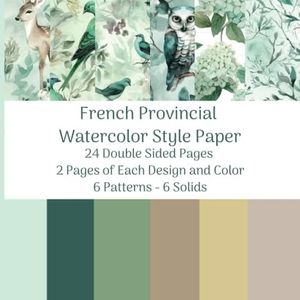 French Provincial Watercolor Style Art Paper Pad for Junk Journal: 12 Double Sided Pages - 6 Patterns, 6 Solids - 2 Pages Each Design: Owl, Bird, ... Hydrangea, Branch Designs in Jade Green Tones