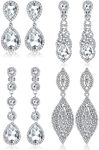 Jstyle 4 Pairs Clip on Earrings for Women Rhinestone Crystal Wedding Earrings Elegant Silver Teardrop Drop Dangle Clip on Earrings for Bride Bridesmaid Non Pierced Earrings Classic Style, Stainless