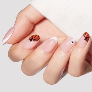 modelones Halloween Short Press on Nails, Pumpkin Ghost Oval Fake Nails Kit