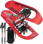 G2 23 Inch Mountain Terrain Snowshoes with Trekking Poles Set, Improved Extended Crampon, EVA Foam Padded, Flexible Pivot Bar, Tote Bag, Red