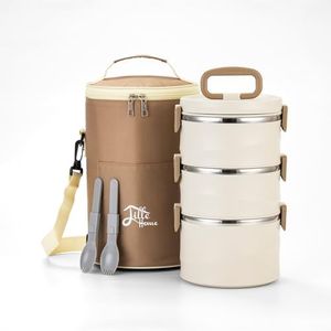 Lille Home Tiffin Lunch Box - Stylish and Leak-Proof, Stainless Steel, Thermal Compartment, Insulated Bento Box, 3-Tier Food Container with Lunch Bag, Large 88 OZ, Idea for Every Day Use (Beige)