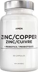 Amen Zinc & Copper Supplement + Probiotics, 3 Months Supply, One Per Day - 50 mg Zinc bisglycinate Vitamin Pills - Essential Minerals Supplements – 2 Billion CFUs Probiotic – Vegan, Non-GMO, 90 Capsules