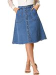 Allegra K Women's Demin Skirts Raw Hem Button Down Midi Jeans Skirt, Blue, Large