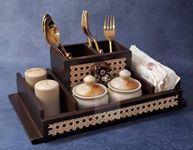 Homez Decor Designer Multipurpose Use Wooden Cane Design Dining Organizer with 2 Achar Barni,Salt & Pepper Shaker,Cutlery Stand & Napkin Holder (14 x 8 x 5 Inches)**Napkins and Utensils not Included**