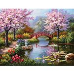 HASTHIP DIY 5D Diamond Painting by Number Kits Full Drill Rhinestone Embroidery Cross Stitch Pictures Arts Craft for Home Wall Decor,Peach Blossom Bridge-11.8x15.8In (Color 1)