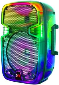 QFX 8" Portable Rechargable Bluetooth PA Karaoke Loud Party Speaker up to 5 Hour Playtime | Bluetooth 5.3, TWS, USB Port, TF, AUX, FM Radio, 360 Degree Translucent Motion Party Lights | TMS-853