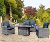 GOODS EMPORIUM 4 Seater Rattan Garden Furniture Set with Fire Pit Table - Outdoor Patio furniture - Conservatory Sofa sets - RAIN COVER INCLUDED (Grey)