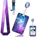 Lanyard for Keys with Retractable Reel Clip and Hard Vertical Card,Breakaway Lanyard ID Card Protector Case,ID Card Holder for Wome(Starry Sky)