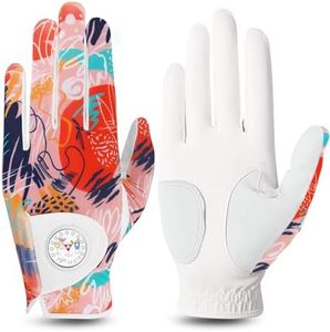 FINGER TEN Golf Gloves Women Left Hand Leather with Bling Ball Marker Value Pack, Colored Glove for Right Handed Golfer All Weather Grip (Full-Orange, X-Large, Left)