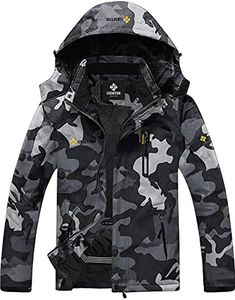 GEMYSE Homme Veste de Ski Imperméable de Montagne Manteau d'hiver Extérieur en Polaire Coupe-Vent avec Capuche (Camouflage1,L)