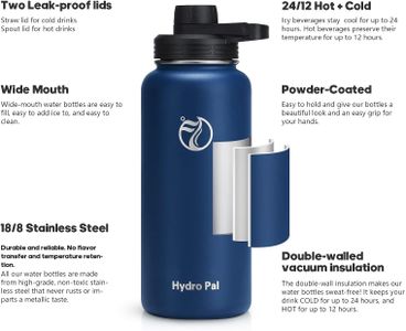 HydroPal Stainless Steel Vacuum Insulated Water Bottle – 2 Lids, 12/24hr Hot Cold, Multiple Sizes