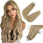 Fshine Extensions Hair Micro Loop 50g 16inch Real Human Hair Micro Beads Extensions Color 16 Golden Blonde Highlight 22 Honey Blonde Hair Extensions Invisible Hair Micro Links Extensions 1G/Strand