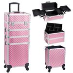 Yueieoun Professional Rolling Makeup Case with Wheels, 4-in-1 Makeup Train Case, Cosmetic Makeup Trolley Cart Travel Cosmetology Case On Wheels with Key for MUA, Hairstylists, Nail Tech, Pink