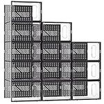 eWonLife X-Large Shoe Storage Box with Magnetic Door, 12 Pack Clear Plastic Stackable Shoe Organizer for Closet, Shoe Rack Sneaker Containers Bins Holder for Drop Front,Black