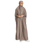 OBEEII Womens Muslim Dress Prayer Clothes Islamic Dubai Turkish Robes Full Length Dress with Hijab Khaki One Size