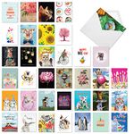 The Best Card Company - 36 Assorted Birthday Notecards Bulk Box Set 4 x 5.12 Inch with Envelopes (36 Designs, 1 Each) Animals, B-Day Card Variety Pack - A Bunch of Birthdays AM7744BDG-B1x36