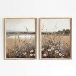 Wildflower Botanical Wall Art Decor Set of 2 Vintage Canvas Wall Decor Landscape Field Wall Art Pictures Farmhouse Prints Landscape Painting Vintage Artwork for Room Bedroom 12x16 Inch Unframed