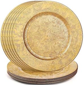 ZOOFOX 12 Pack Gold Charger Plates, 13" Plastic Round Antique Plate Charger for Dinner Plates, Floral Charger Plates for Wedding Dinner Party Table Setting Decor