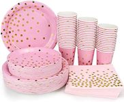 Pink and Gold Party Supplies - 200PCS Disposable Pink Paper Plates Dinnerware Set Gold Dots 50 Dinner Plates 50 Dessert Plates 50 9oz Cups 50 Napkins Wedding Birthday Party Baby Shower Christmas