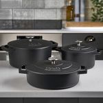 Cooks Professional Cast Iron Casserole Set of 3 | 20cm, 26cm & 28cm | 2.8L, 5.8L & 4.3L Dishes | Enamelled Cast Iron Pans with Lids | Non Stick Interior | For All Hob Types | Matt Black