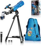 BRESSER children's astronomic refractor lens travel telescope for kids and beginners 70/400 AZ-mount with tripod, backpack, finder scope, smart phone holder blue