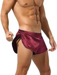 Rexcyril Men's Boxer Jockstrap Sexy Underwear, Silky Satin Split Side Gym Running Active Shorts, Wine Red, Medium