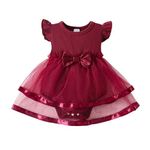 SOBOWO Burgundy Dress for Baby Girl Tutu Dress Infant Girl Ruffle Romper Dress Solid Long Short Sleeve Tulle Dress Skirt Headband Summer Outfits(Burgundy, 6-12 Months)