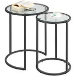 Yaheetech Round Nesting Table, Set of 2 Coffee Table with Glass Top, End Side Table with Metal Frame for Living Room/Bedroom/Reception, Black, 49.5 x 49.5 x 59 cm