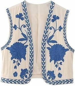 2024 Gilet sans manches pour femme Été Vest Cardigan Femme Léger Manteaux Sans Manches Femme Décontracté avec Broderie Florale Colorée Ouverte sur le Devant Vintage Débardeur Haut Extérieur Streetwear