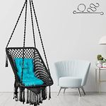 Patiofy Made in India Premium Square Shape Hammock Hanging Cotton Swing Chair with Cushion & Accessories for Indoor and Outdoor/150 Kg Capacity/Swing with Large Blue Cushion/for Kids & Adults (Black)