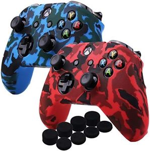 YoRHa Water Transfer Printing Camouflage Silicone Cover Skin Case for Microsoft Xbox One X & Xbox One S Controller x 2(red&Blue) with PRO Thumb Grips x 8