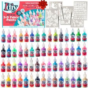 Fabric Paint Set 60 Color Value Pack- Glitter, Metallic, Glow in Dark, Neon-Includes Letter Stencils to Customize Any Craft - Great for Summer Camp Activities, School Classrooms, DIY Projects