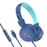 MEE audio KidJamz KJ55 Safe Listening USB-C Headphones for Children with Multicolor LED Lights, Volume Limiter, & Microphone; On-Ear Wired Kids Headset for iPhone 16, iPad, & USB Type C Devices (Blue)