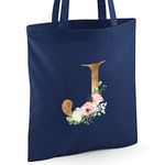 Personalised Floral Gold Any Letter Initial Tote Bag Gift. Shopping Bag. Custom Printed. 10 COLOURS. 100% Cotton. Alphabet Name Watercolour (French Navy)