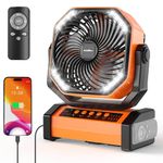 20000mAh Battery Operated Fan for Camping, Portable Fan with Remote and Timer, 60H Work and 4 Speed, Auto Oscillating fan With Light and Hook for Camping, Trip, Emergency Power Outage