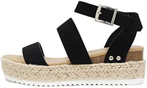 Soda Top Shoe Bryce Open Toe Buckle Ankle Strap Espadrilles Flatform Wedge Casual Sanda, Black, 6 Wide