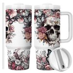 Equoza Horror Gifts Idea for Men - 30oz Gothic Skulls Stainless Steel Travel Mug Tumbler with Handle, Double Wall Vacuun Insulated Cup with Lid and Straw