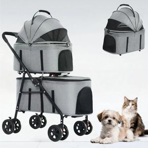 Double Pet Stroller for 2 Dogs & 2 Cats 4 Wheels Double Dog Strollers with Detachable Carriers Foldable Pet Travel Jogger Stroller Removable Cat Carrier Bag for Medium Small Pets(Grey)