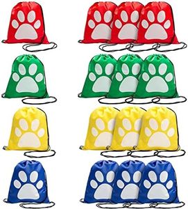 Fun Express Paw Print Drawstring Backpack - set of 12 reusable bags - Puppy, Patrol and Cat Party Favor Bags