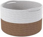 Eco-living Recycled Cotton Rope Storage Basket - 21.7 x 21.7 x 13.8 Inches Extra Large Basket for Cushions, Blanket, Pillows, Toys - Stylish and Eco-Friendly Living Room Rope Basket - White & Beige