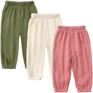 GFQLONG Toddler Baby Girls 3 Pack Elastic Waist Pants Soft Cotton Linen Harem Bloomers Summer Fall Long Pants,Pink+White+Green,5-6T