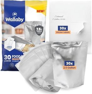 30x Wallaby 2.5-Gallon Gusset Mylar Bag Bundle - (7.5 Mil - 12" x 18") Stand-Up Zipper Pouches + 30x Labels - Heat Sealable, Food Safe, & Reliable Long Term-Food Storage Solutions - Silver