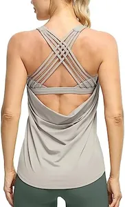 icyzone Womens' Open Back Workout Athletic Yoga Tank Tops with Built in Bra (Natural Grey, M)