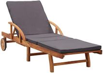 vidaXL Sun Lounger with Adjustable Backrest and Footrest, Pull-Out Table, Solid Acacia Wood Construction, Natural and Dark Grey Cushion