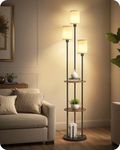 GOEBLESON Floor Lamp with Shelves, Industrial Floor Lamp with 3 Linen Shades and Foot Switch, 3-Light Standing Lamp, for Living Room, Bedroom, Study, Rustic Brown and Beige ZEF53LDK05