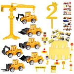 SOSPIRO Construction Digger Cake Toppers for 2 Year Old, Mini Digger Cake Toppers Dump Truck Excavator Tractor Cake Decoration with Road Toy Sign Construction Vehicle Stickers for 2nd Boys Kids